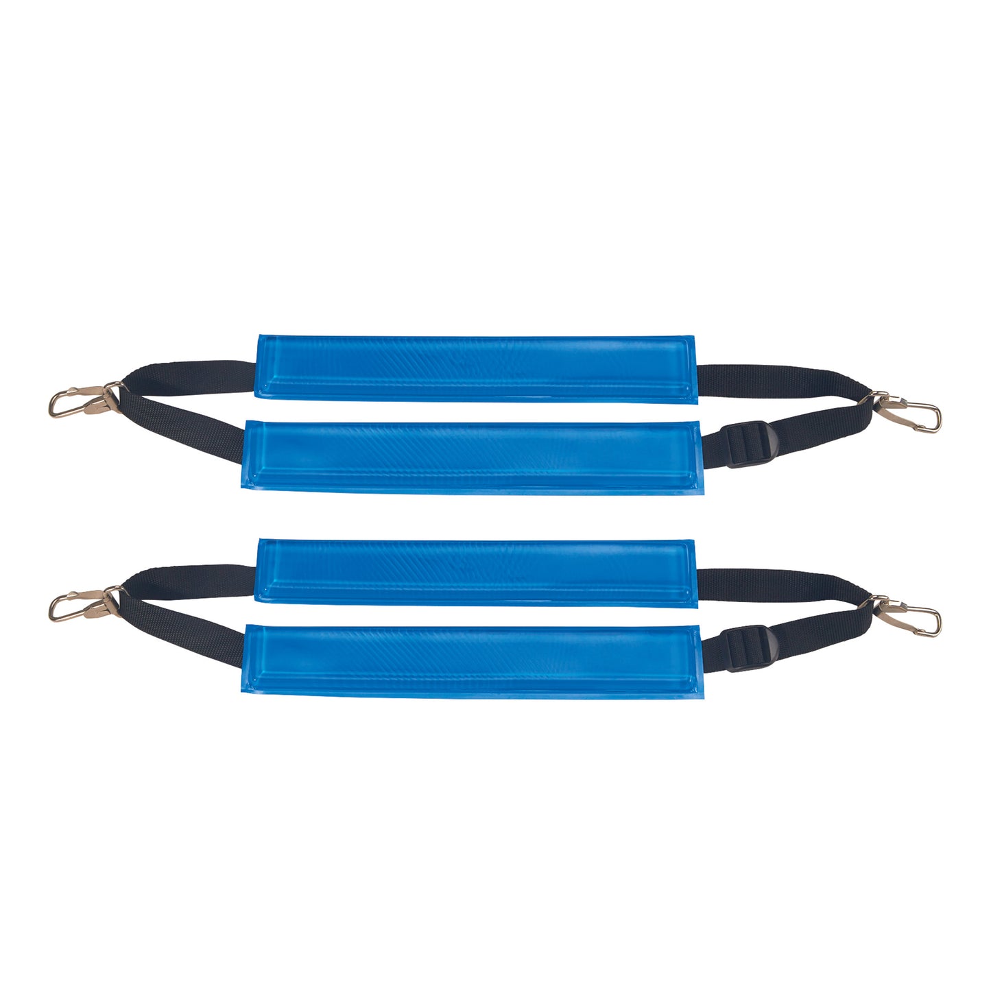 Two AliMed AliBlue Gel Ankle Stirrup Pads with blue gel padding and adjustable black straps featuring metal clasps at each end.