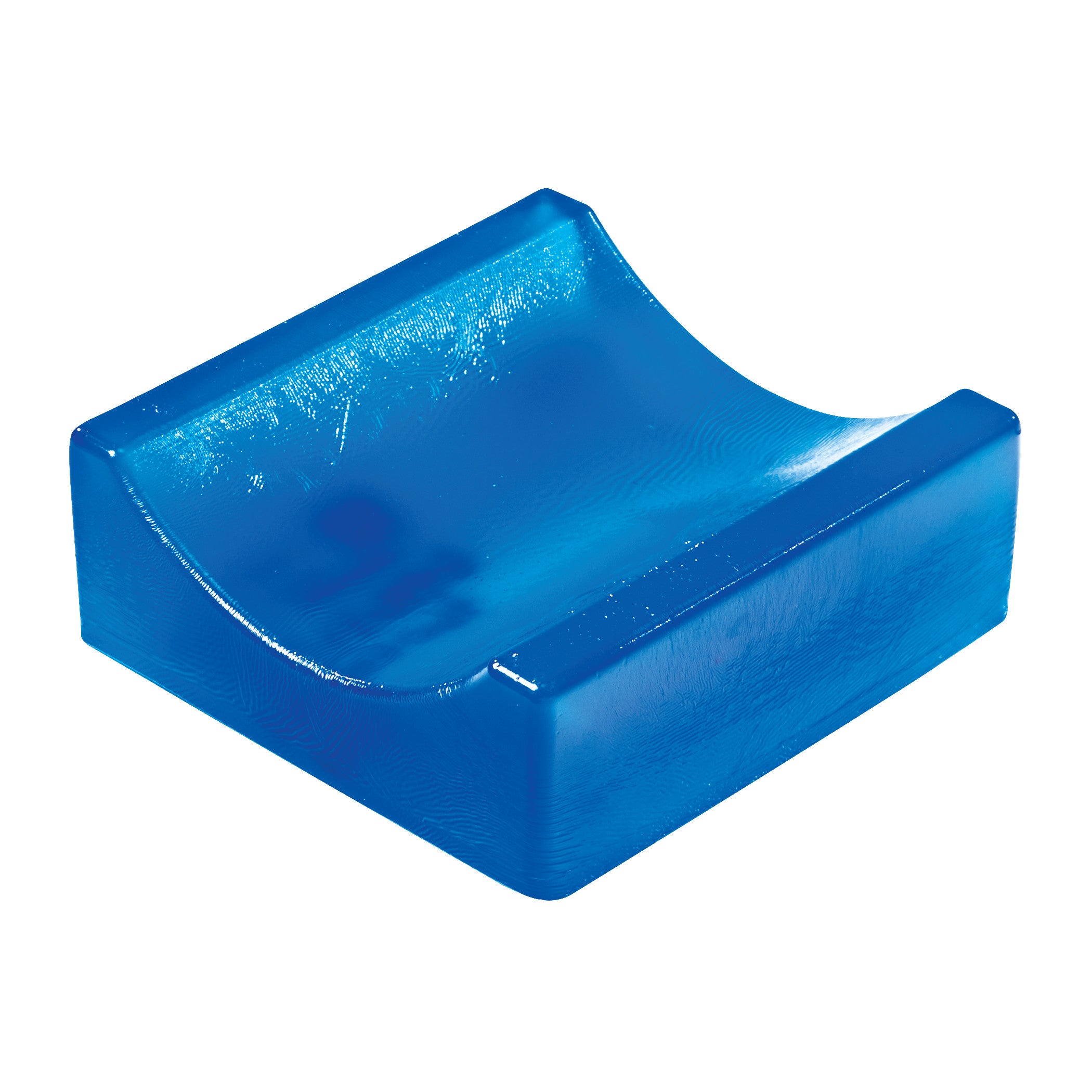 AliMed AliBlue Gel Contoured Headrest, a blue cushioned support with a curved surface for comfortably cradling the head.