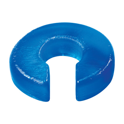 The AliMed AliBlue Gel Horseshoe Donut is a translucent blue, C-shaped cushion with a central opening and smooth textured surface.