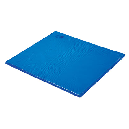 The image features an AliMed AliBlue Gel Knee Crutch Pad, a flat, blue, cushioned mat designed for comfort and support.