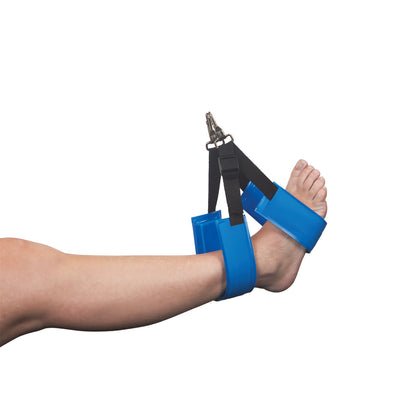 A person's leg wearing the AliMed AliBlue Gel Ankle Stirrup Pad, designed for ankle support with adjustable blue straps.
