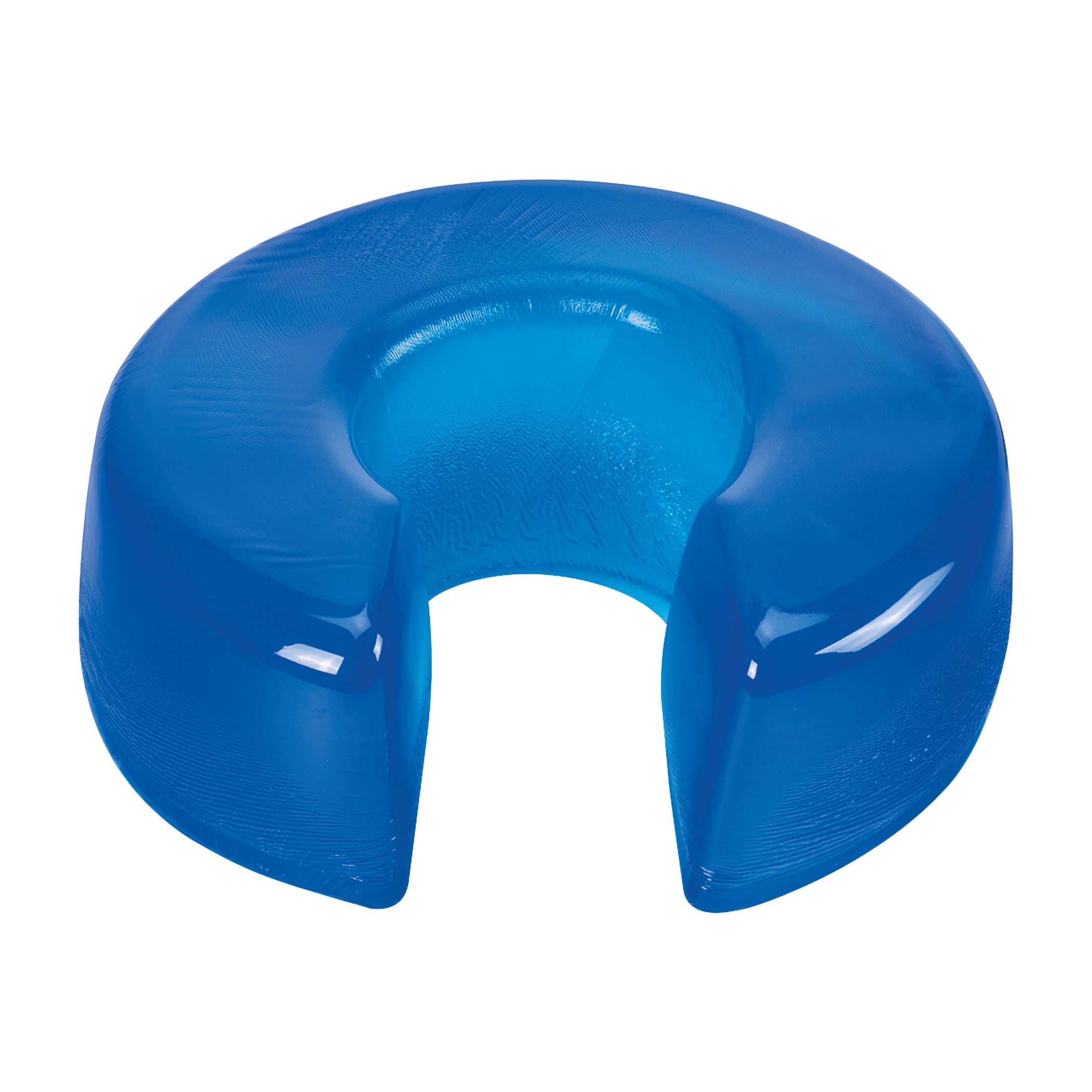 The AliMed AliBlue Gel Horseshoe Donut is a blue, semi-circular gel cushion with a cutout section, designed for patient support and comfort.