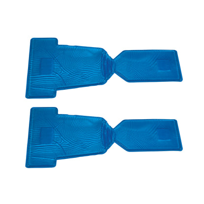 Two AliMed AliBlue Gel Lithotomy Boot Stirrup Pads are shown, made of smooth blue gel material with an ergonomic shape.
