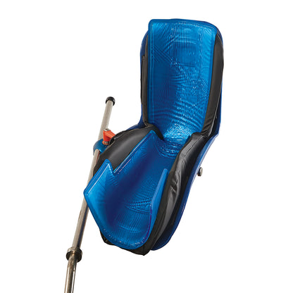 AliMed AliBlue Gel Lithotomy Boot Stirrup Pad with blue cushioning and a grey outer shell, attached to a metal rod.
