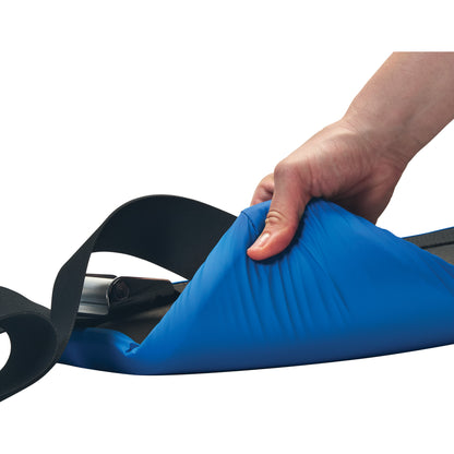 A hand holding the AliMed Bariatric Super Strap, showing its blue padded section and black strap.
