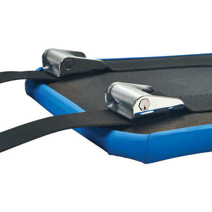 Close-up of the AliMed Bariatric Super Strap showing two metal clamps and a blue-edged strap for secure fastening.