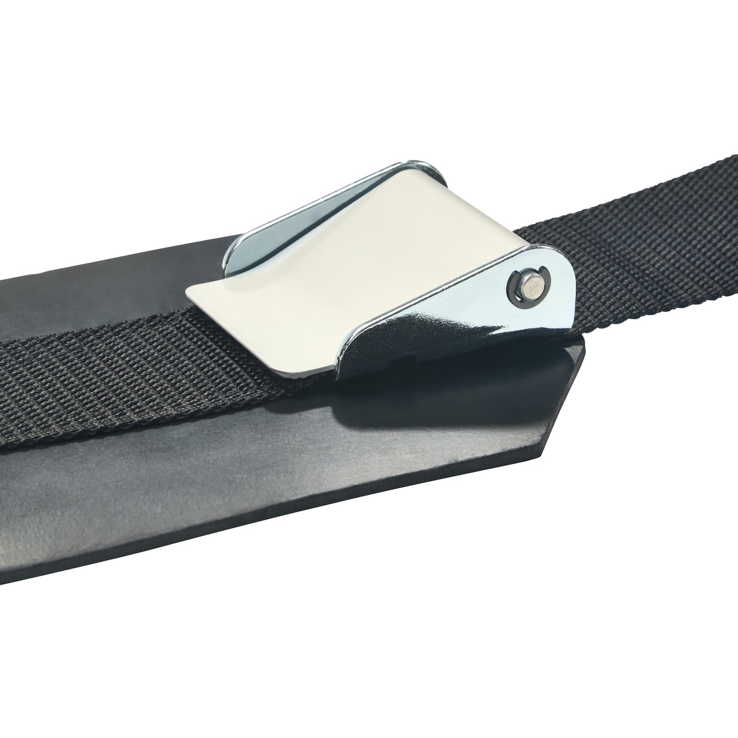 Close-up of AliMed Basic Mid-Panel Straps showing a black strap with a silver buckle on a gray background.