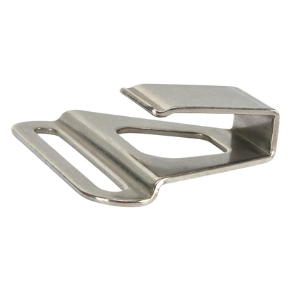 A metal AliMed Strap Hook angled against a white background, featuring two rectangular slots and a hook on one side.