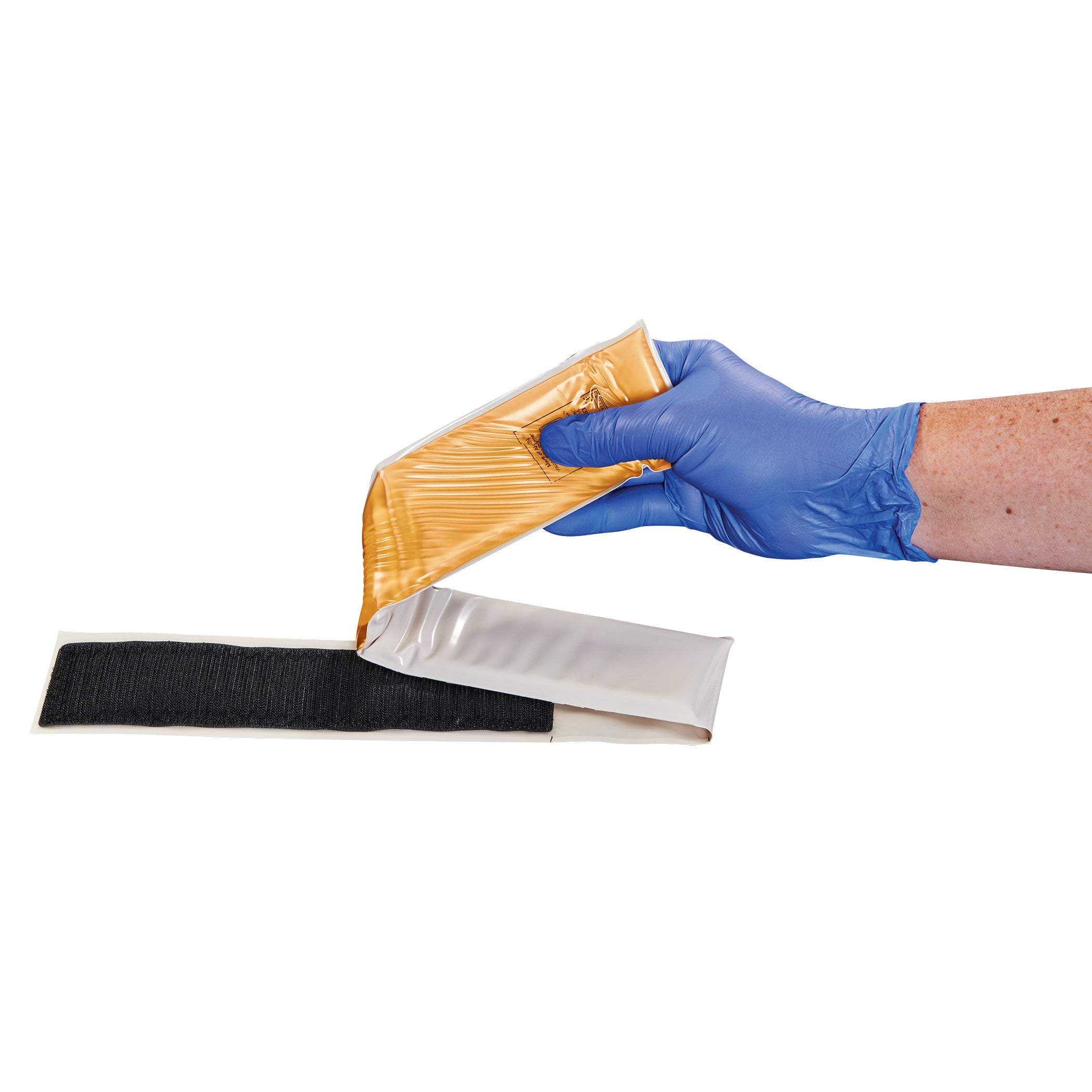 A hand in a blue glove holds an Action Gel Arm/Hand Stabilizer Strap. The strap has a gold gel pad and a black section.