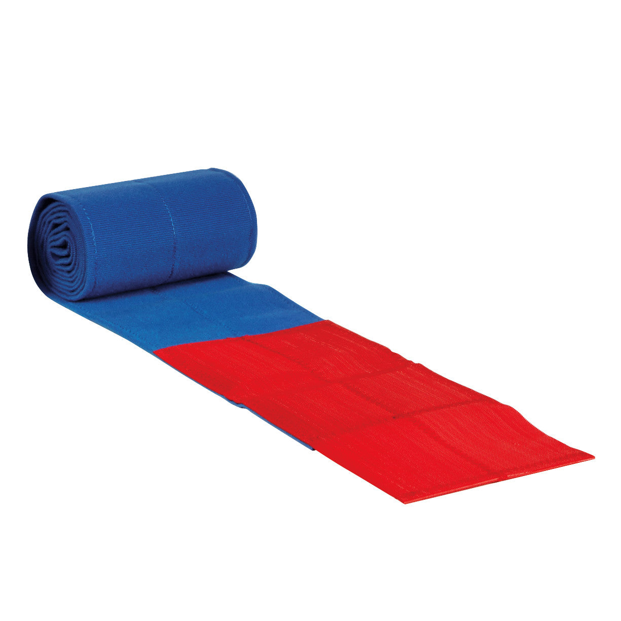 AliMed Universal Strap, One-Piece, Two Closures, Side Rail Hold is unrolled, showing its blue and red material with Velcro closures.