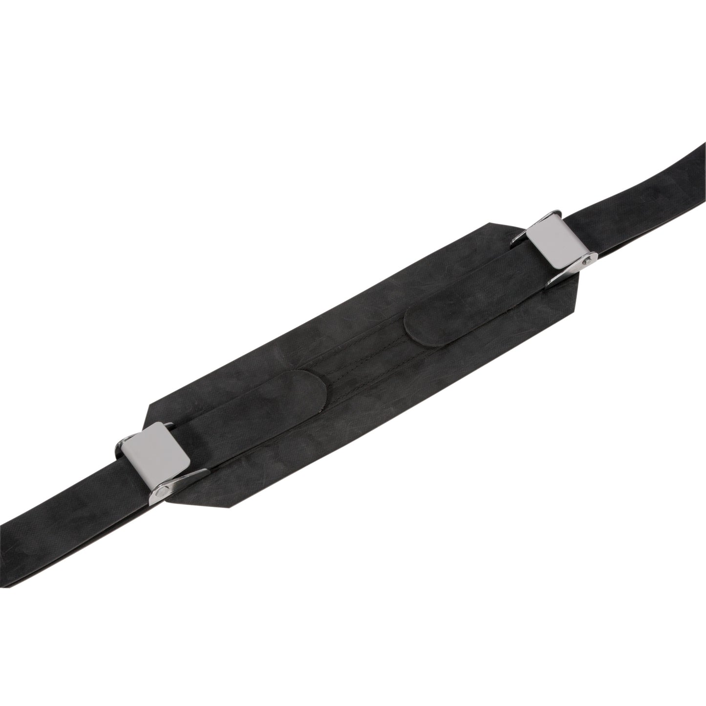 The AliMed Wipeable Operating Room Table Strap is black with silver buckles, featuring an adjustable padded section for comfort.