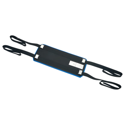 The AliMed Bariatric Super Strap is a black medical transfer device with long straps and metal buckles, used for patient mobility.