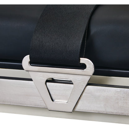 Close-up of an AliMed Strap Hook securing a black strap on a metallic surface. The hook is silver and triangular in shape.