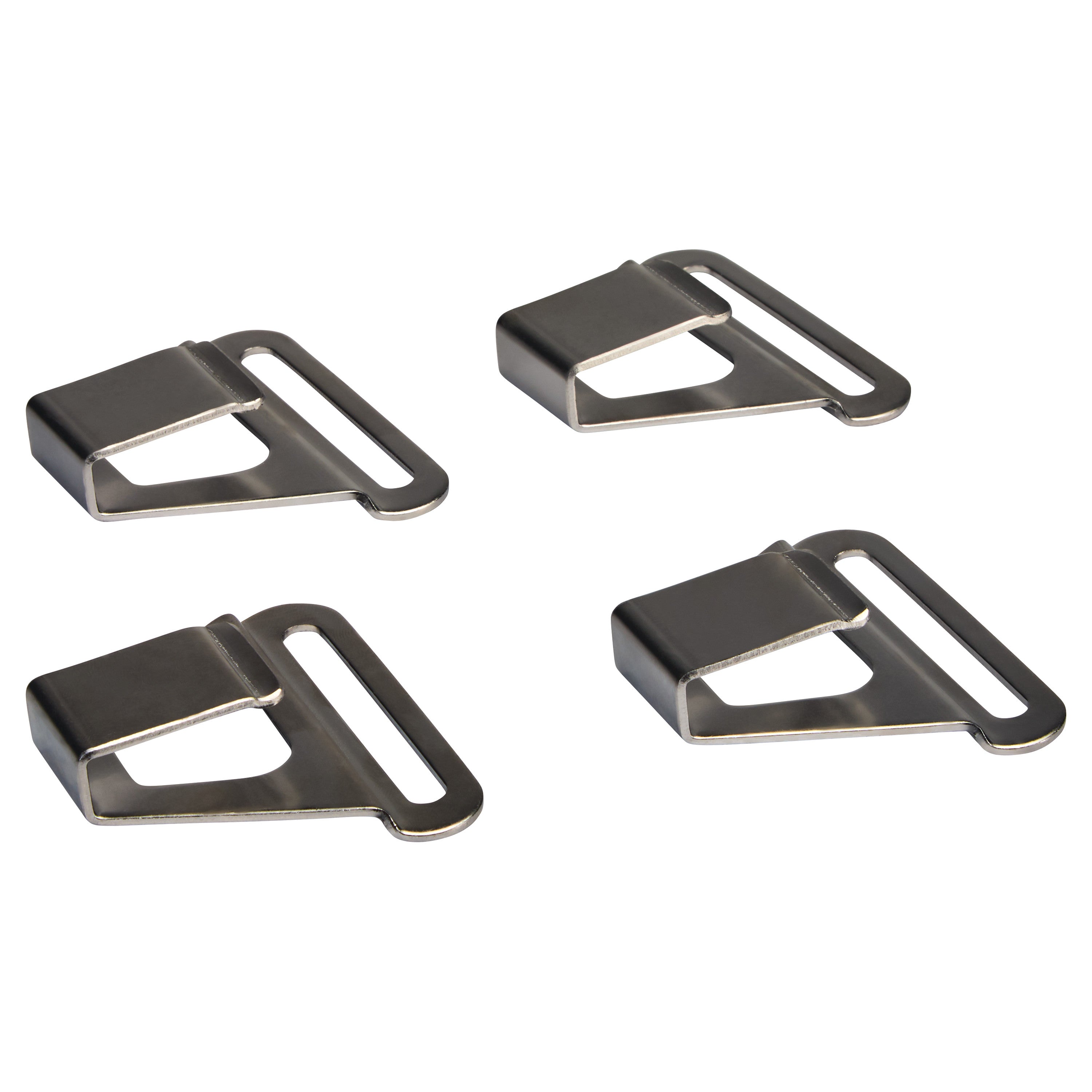 Four AliMed Strap Hooks are arranged on a white background. They are metallic with a rectangular loop and angled hook.