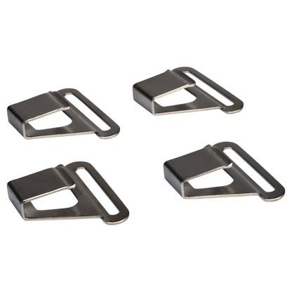 Four AliMed Strap Hooks are arranged on a white background. They are metallic with a rectangular loop and angled hook.
