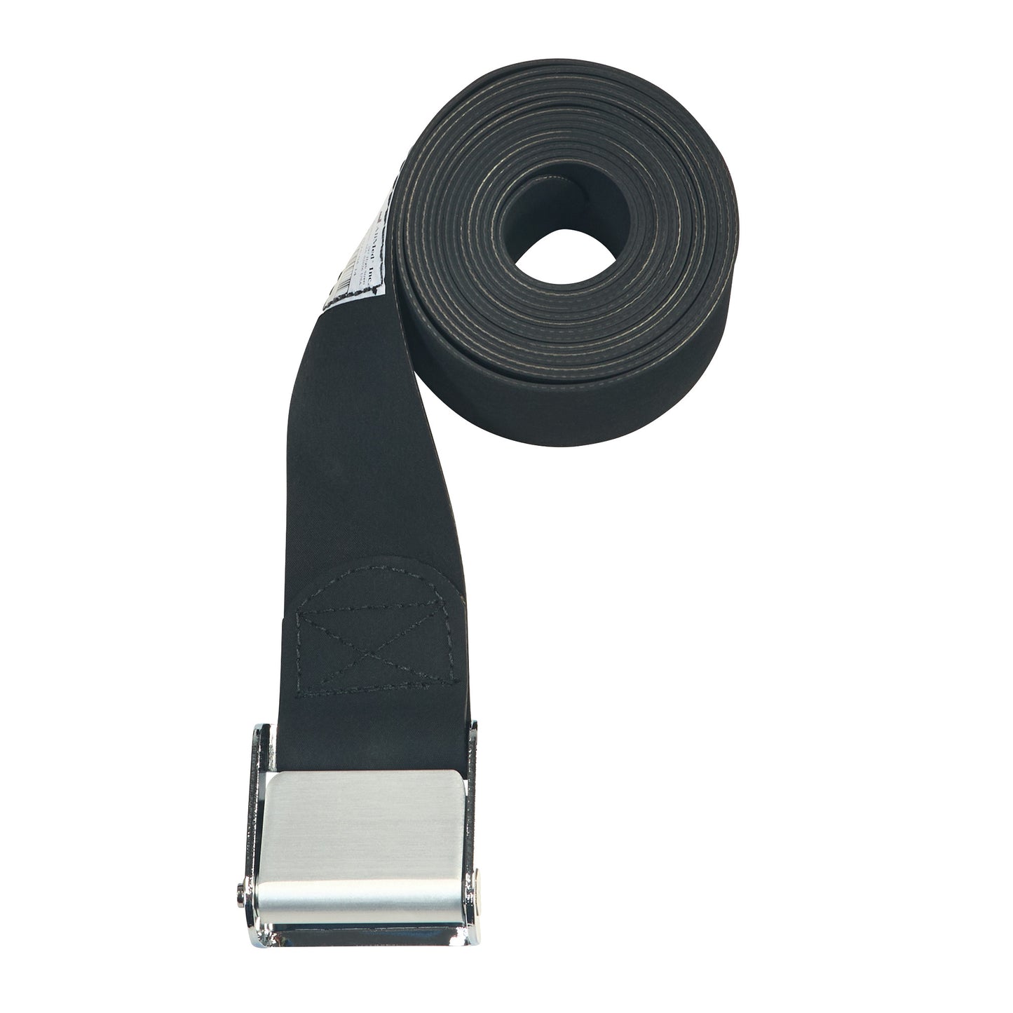 The AliMed Economy Strap, a rolled black safety belt with a metal buckle, is designed for securing patients during medical procedures.
