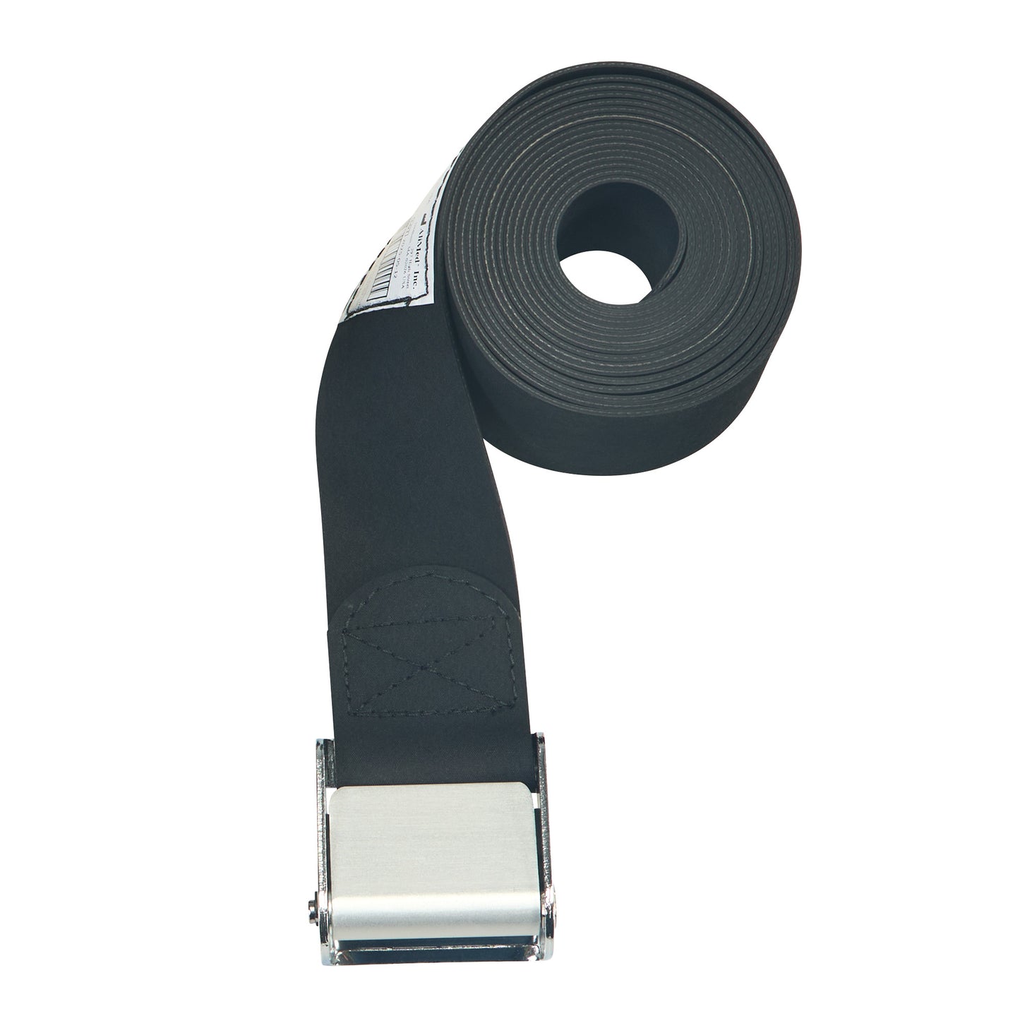 The AliMed Economy Strap is a black, rolled-up strap with a metallic buckle, designed for securing or restraining purposes.