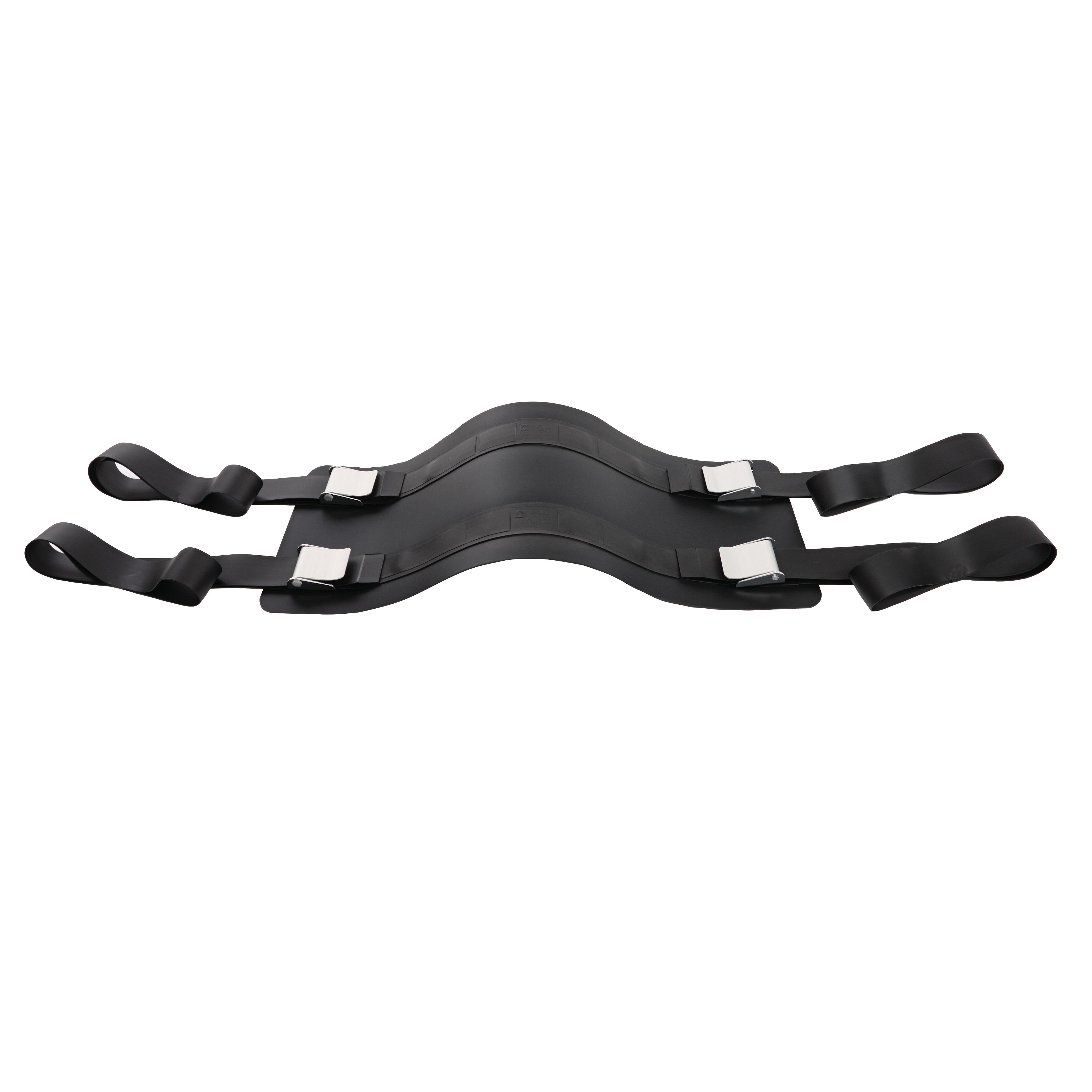 AliMed VeriClean Bariatric Operating Room Table Strap with Mid-Panel, displaying black straps and silver buckles on a white background.