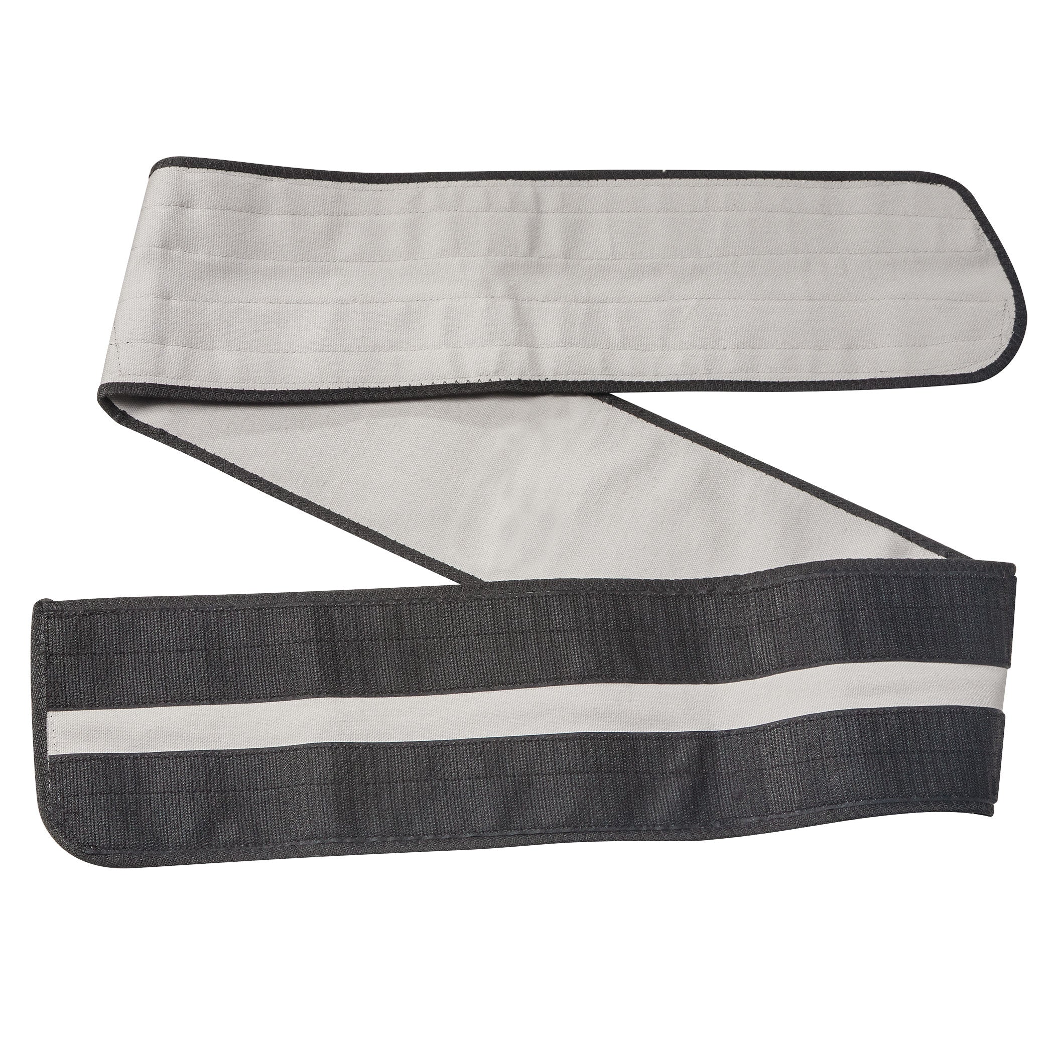 An AliMed Universal Body Strap, featuring a wide, adjustable, black and light gray band with hook and loop closures.