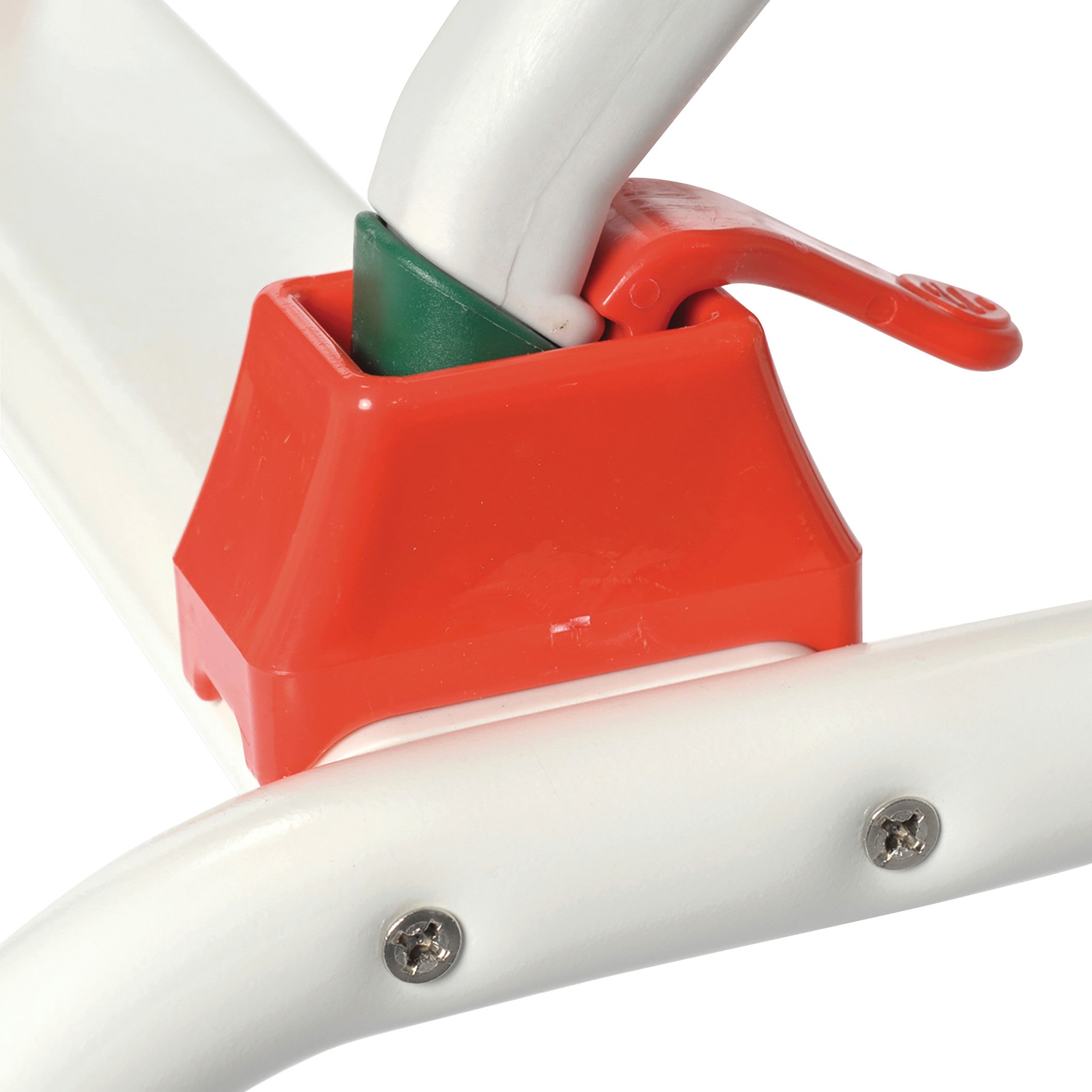 Close-up of a red and white connector on the Shower Stand for Drive Medical Otter Pediatric Bathing System, showing screws and a green insert.