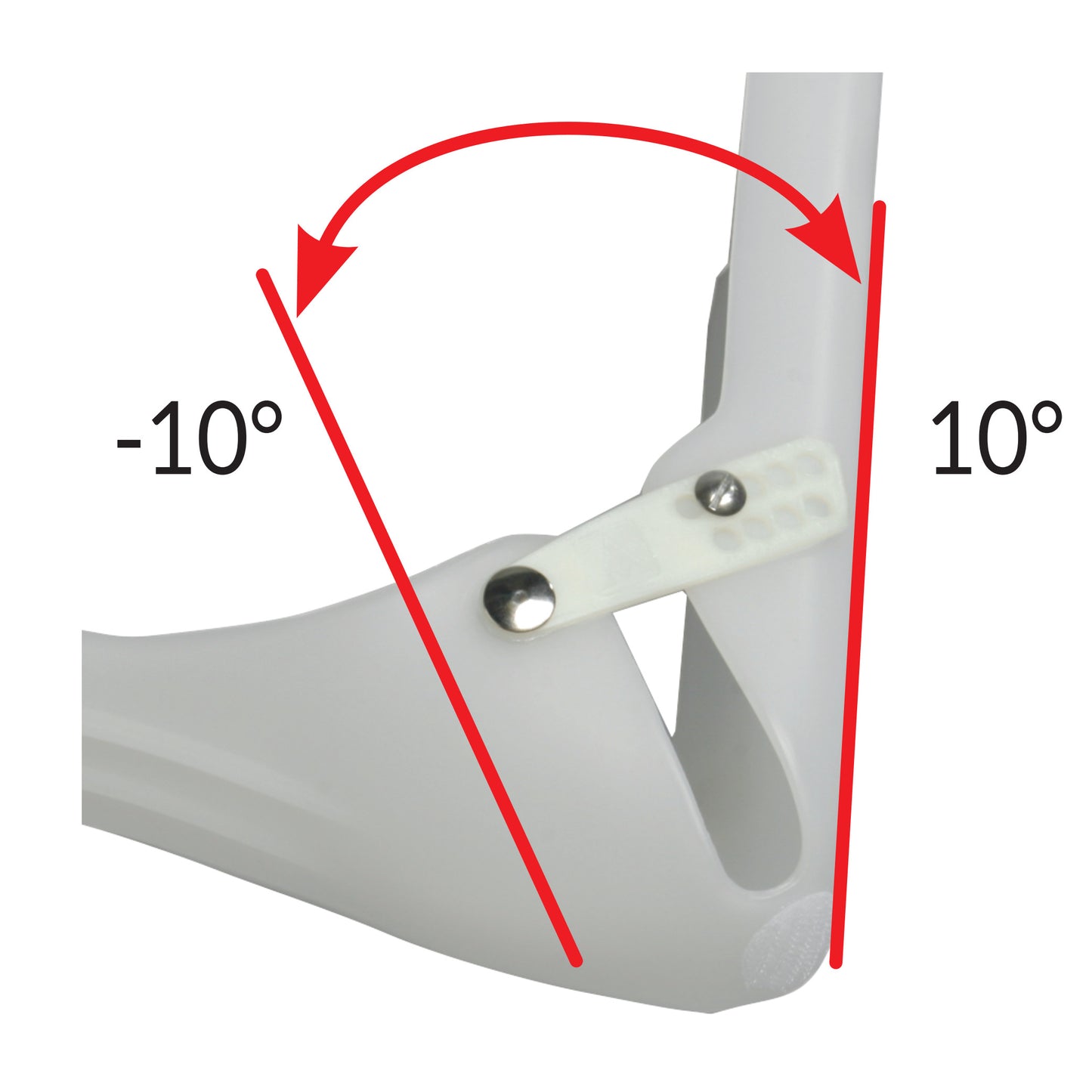 Close-up of the AliMed Plantar Fasciitis Night Splint II, showing adjustable angle from -10� to 10� with red lines and arrows.