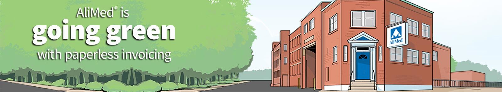alimed is going green with paperless invoicing with alimed building graphic